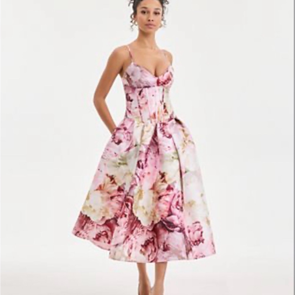 Pink Floral Midi Dress with Spaghetti Straps
